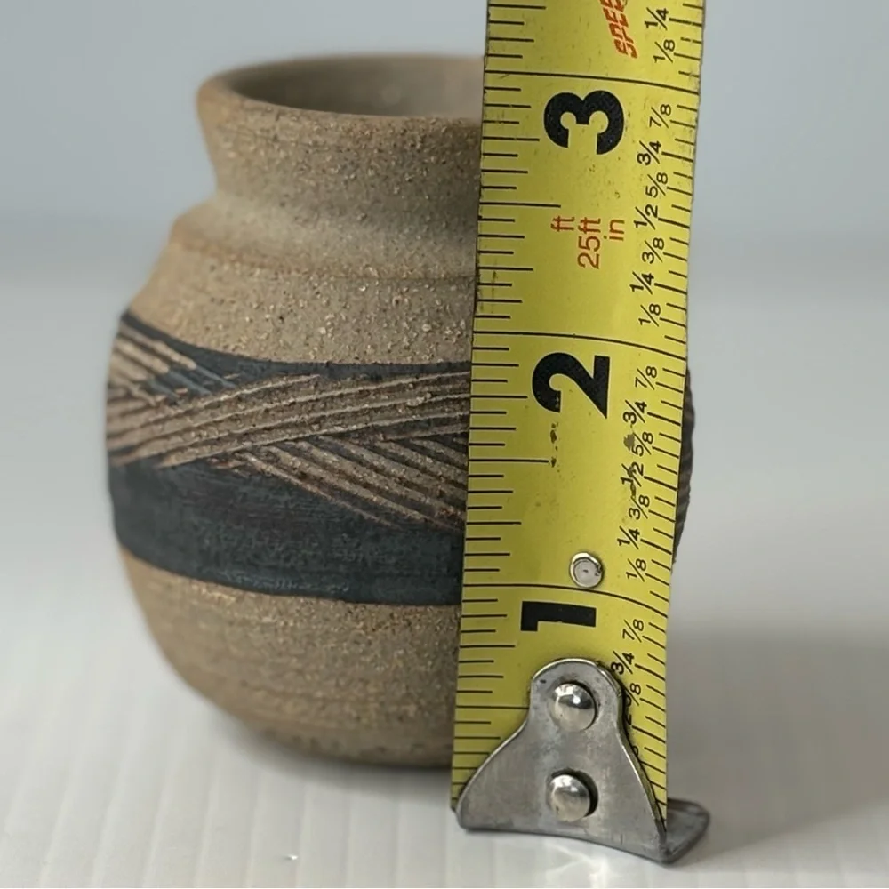 Handmade Studio Art Pottery Vase Vessel Sand Texture Etched Design Artist Signed